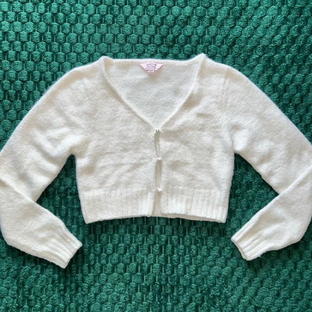 White fuzzy cardigan with pearl buttons